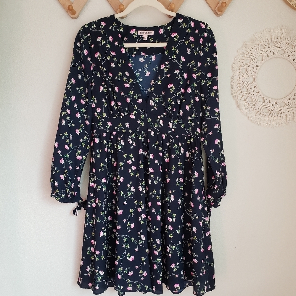 Juicy Couture Floral A-Line Long-Sleeve Mini Dress Navy Women's 8